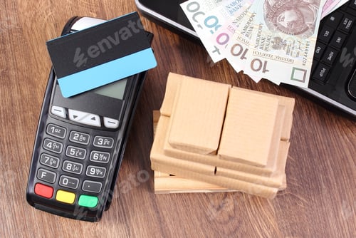 Preview: Payment Terminal With Contactless Credit Card, Polish Currency Money, Laptop And Small Wrapped