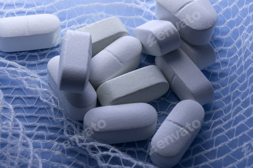 Preview: Some White Pills Wrapped In Gauze On A Blue Background