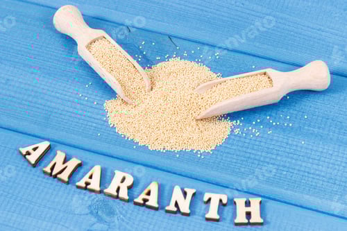 Preview: Amaranth Seeds with Scoops on Blue Background