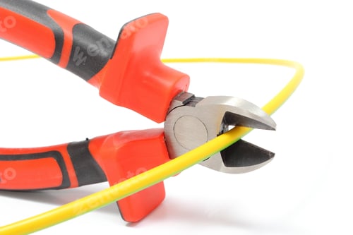 Preview: Metal Pliers With Green-Yellow Electric Cable, Pliers Cut The Cable. Isolated On White Background