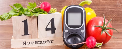 Preview: Date 14 November On Cube Calendar, Glucose Meter For Checking Sugar Level And Fresh Vegetables