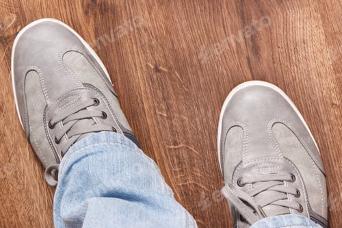 Preview: Gray Comfortable Shoes For Men On Rustic Board, Concept Of Male Footwear