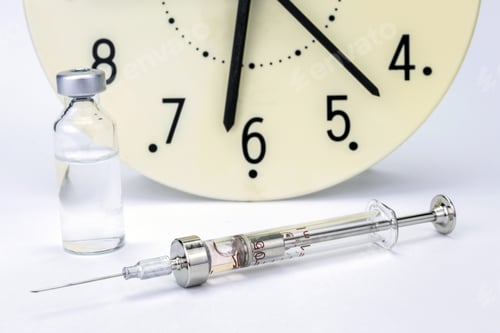 Preview: Medicine Vials And Syringe, The Clock Shows The Time Of The Medication