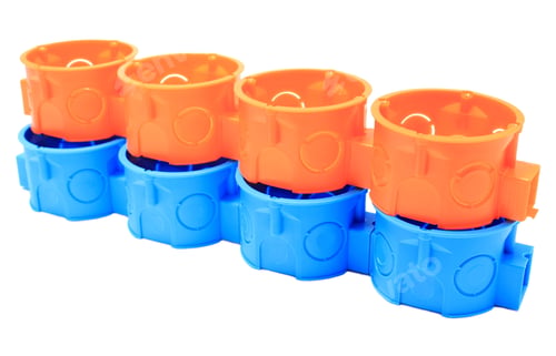 Preview: Stack Of Orange And Blue Plastic Electrical Boxes On White Background, Junction Boxes, Accessories