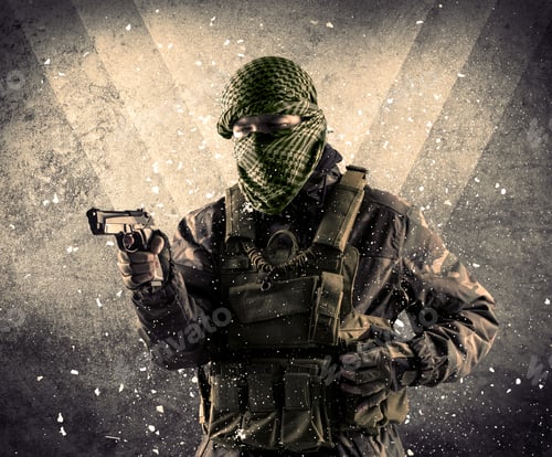 Preview: Portrait Of A Dangerous Masked Armed Soldier With Grungy Light Background