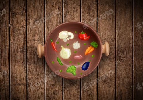 Preview: Colorful Plate With Hand Drawn Icons, Symbols, Vegetables And Fruits On Grungy Background