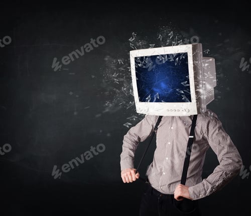 Preview: Computer Monitor Screen Exploding On A Young Persons Head Concept