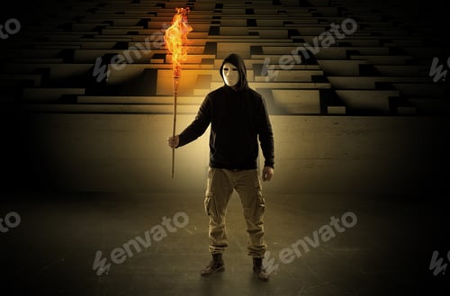 Preview: Ugly, Aberrant Man Coming Out From The Labyrinth With Burning Flambeau On His Hand