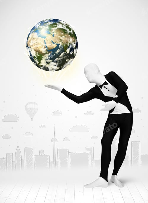 Preview: Funny Man In Full Body Suit Holding Planet Earth, Elements Of This Image Furnished By Nasa
