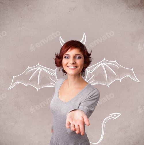 Preview: Young Nasty Girl With Devil Horns And Wings Drawing