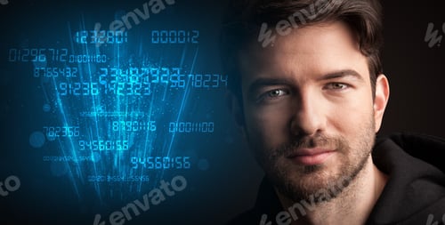 Preview: Portrait Of A Young Businessman With Blue Numbers Next To Him On A Dark Background