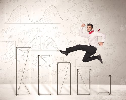 Preview: Fast Business Man Jumping Up On Hand Drawn Charts Concept