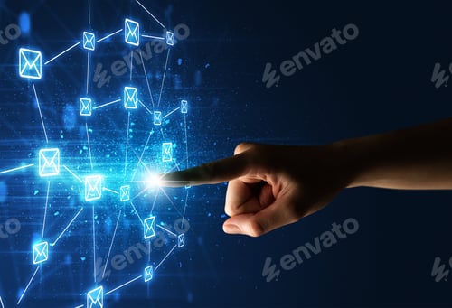 Preview: Female Finger Touching A Beam Of Light Surrounded By A Blue Graphic With Envelopes