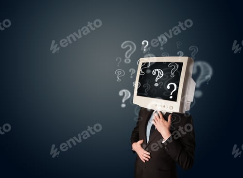 Preview: Businessman With A Computer Monitor Head And Question Marks