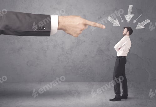 Preview: An Office Boss Blaming Young Amateur And Beginner Business Person With Big Hand, Drawn Arrows
