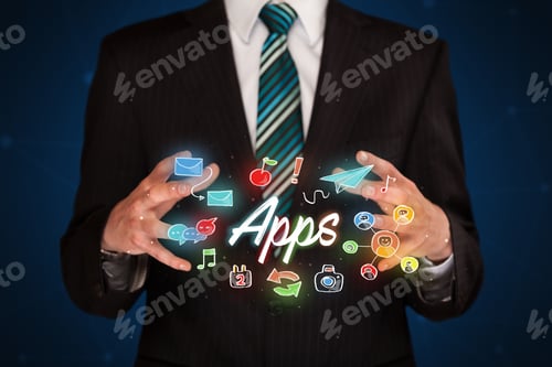 Preview: Businessman With Drawn Application Icons And Symbols In His Hands