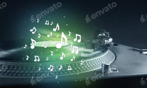 Preview: Turntable Playing Music With Audio Notes Glowing Concept On Background