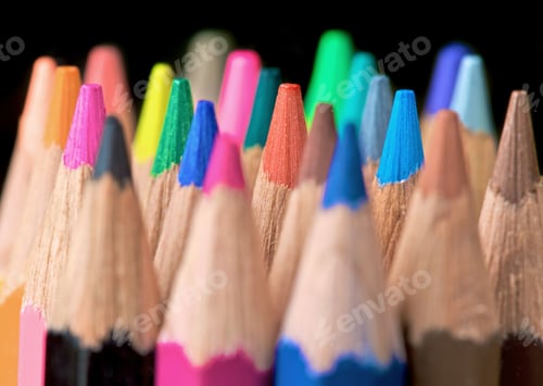 Preview: Assorted Colour Pencils Close Up In Perspective With Focus On The Tips Using A Shallow Depth Of