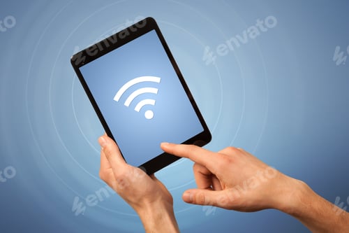 Preview: Female Fingers Touching Tablet With Wireless Connection Icon