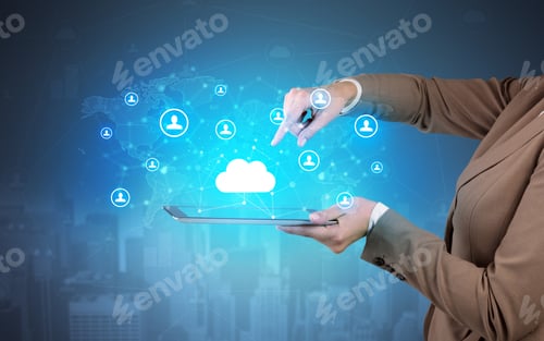 Preview: Hand Holding Tablet And Showing Staffs With Global Connectivity Concept