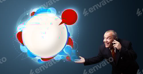 Preview: Crazy Businessman In Suite Holding A Phone And Presenting Abstract Modern Speech Bubble With Copy