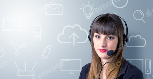Preview: Young Female Telemarketer With White Mixed Media Icons Around Her