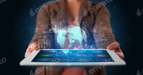 Preview: Hand Holding Tablet With Global Database Concept