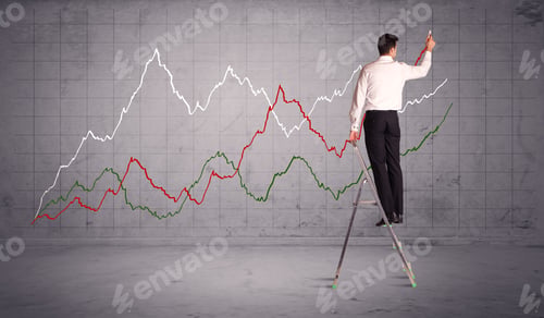 Preview: A Guy In Modern Suit Standing On A Small Ladder And Drawing A Chart On Grey Wall Background With