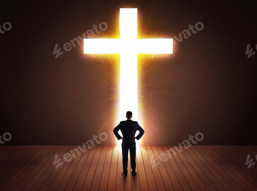 Preview: Man Looking At Bright Cross Sign Concept
