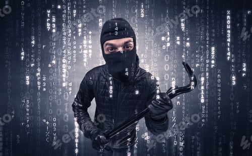 Preview: Burglar In Action With Encoded Concept And His Tools In His Hand.