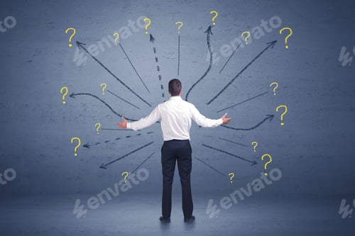 Preview: Businessman Standing In Front Lines And Question Mark Signs Concept On Background