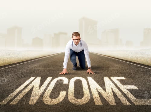 Preview: Young Determined Businessman Kneeling Before Income Sign