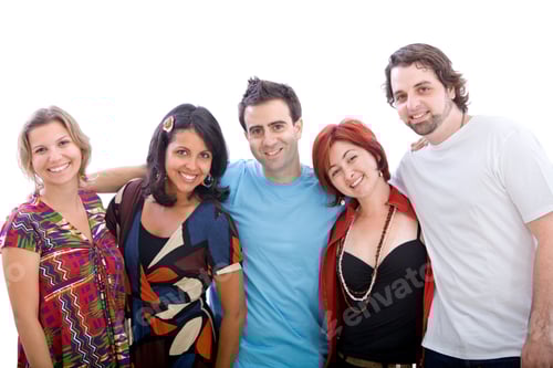 Visualização: Grupo feliz de amigos isolado sobre um fundo branco