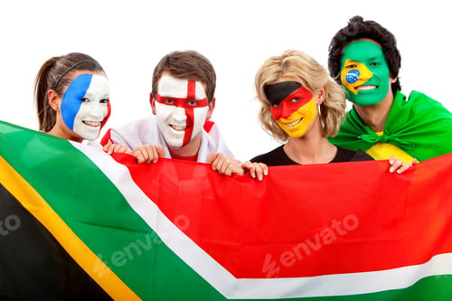 Preview: Group Of Football Fans Holding A Southafrican Flag With Their Faces Painted Isolated Over White