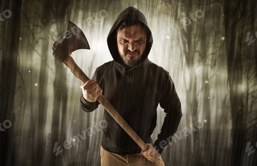 Preview: Masked Armed Hitman In Dark Thick Forest With Foggy Mysterious Concept