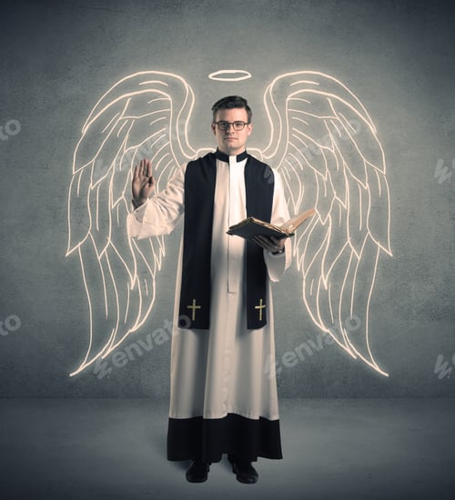 Preview: A Young Male Priest With Drawn Large Angel Wings Standing With The Holy Bible In His Hands Concept.