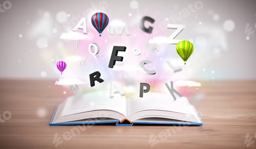 Preview: Open Book With Flying 3D Letters On Concrete Background. Colorful Education Concept