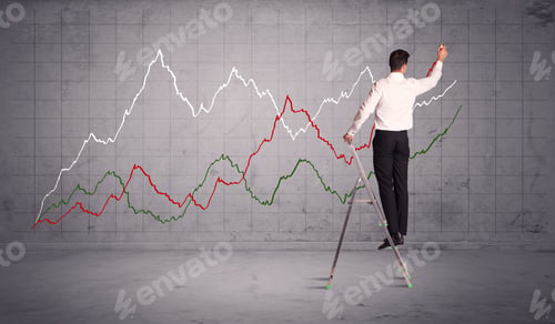 Preview: A Guy In Modern Suit Standing On A Small Ladder And Drawing A Chart On Grey Wall Background With