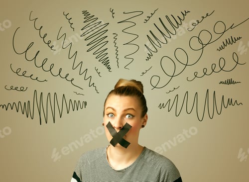 Preview: Young Woman With Taped Mouth And Curly Lines Around Her Head