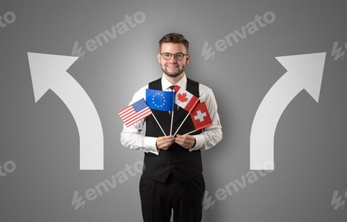 Preview: Handsome Young Boy Choosing Target Country With Arrows On The Background