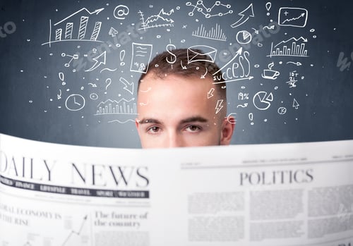 Preview: Young Smart Businessman Reading Daily Newspaper With Business Plan Graphics Above His Head