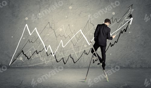 Preview: A Businessman In Modern Stylish Elegant Suit Standing On A Small Ladder And Drawing Pie And Block