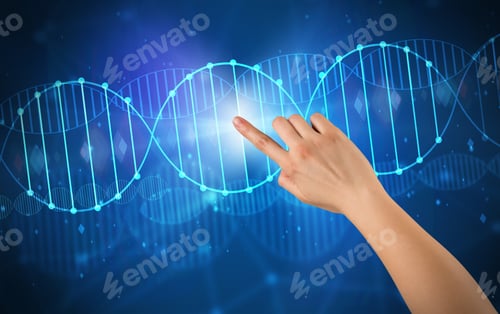 Preview: Female Hand Touching Dna Molecule With Blue Background