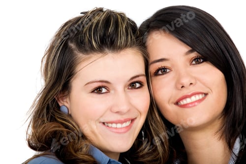 Preview: Two Smiling Women Posing on White Background