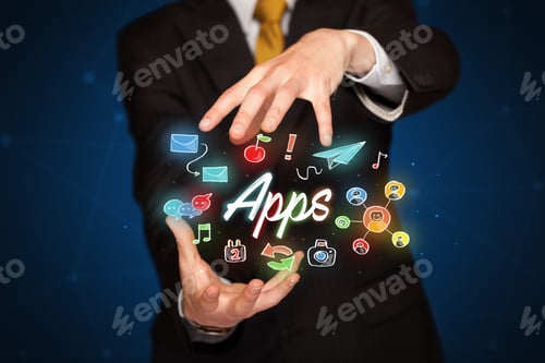 Preview: Businessman With Drawn Application Icons And Symbols In His Hands