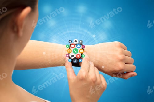 Preview: Hand With Smartwatch And Application Symbols Nearby.