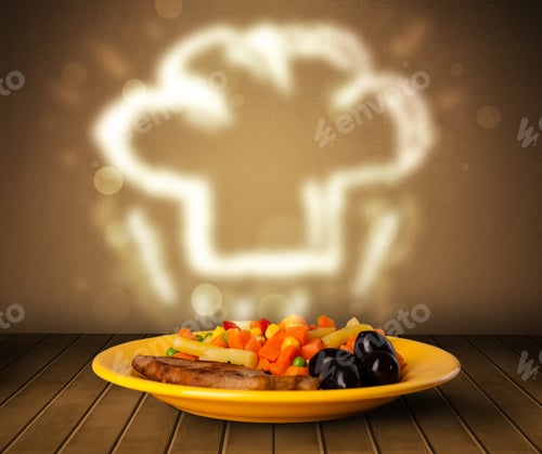 Preview: Delicious Food Plate With Chef Cook Hat On Wood Deck