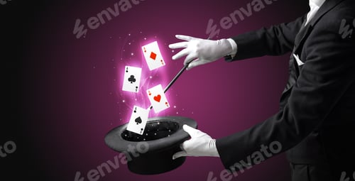 Preview: Magician With White Gloves Conjuring Playing Cards From A Cylinder With Magic Wand