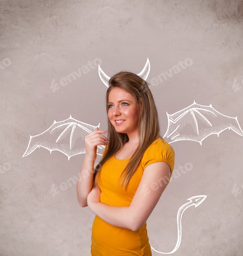 Preview: Young Nasty Girl With Devil Horns And Wings Drawing