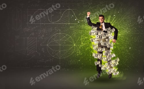 Preview: Cheerful Businesman Jumping With Dollar Banknotes Around Him On Background